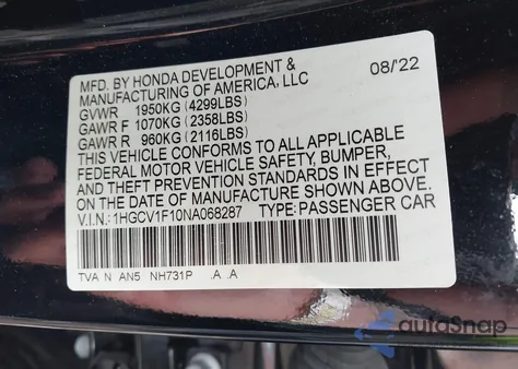 2022 Honda Accord Lx из США, поврежденный, VIN 1HGCV1F10NA068287